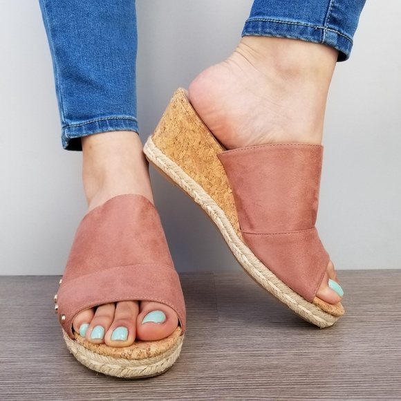 Suede Slip On Cork and Espadrille Wedge Sandal-D - Picture 3 of 6